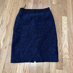 J.Crew Pencil Skirt Women Size 0 Navy Black Trim Heirloom Lace Knee Length